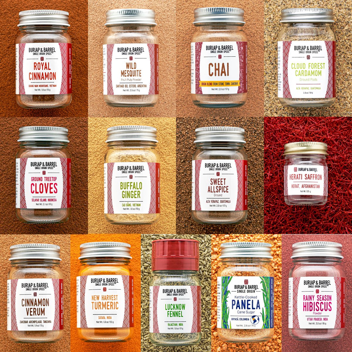 Collection of 13 Burlap & Barrel spice jars on a textured brown background