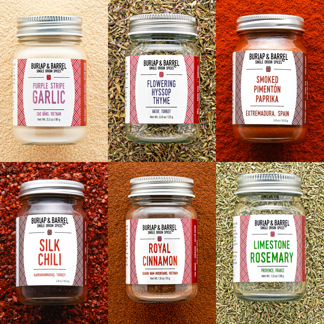 Grid of Various jars on multi-colored, textured background