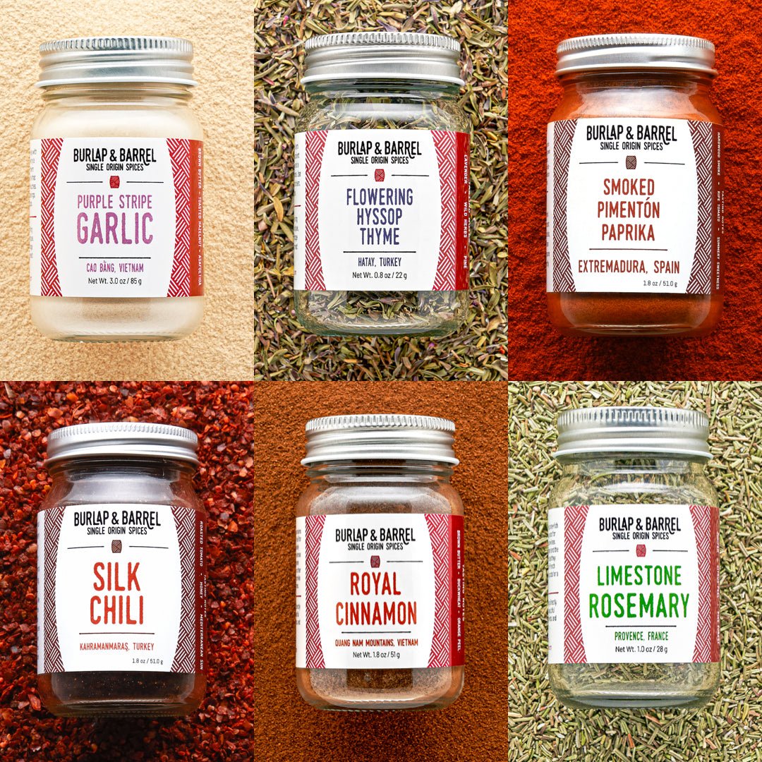 Grid of Various jars on multi-colored, textured background