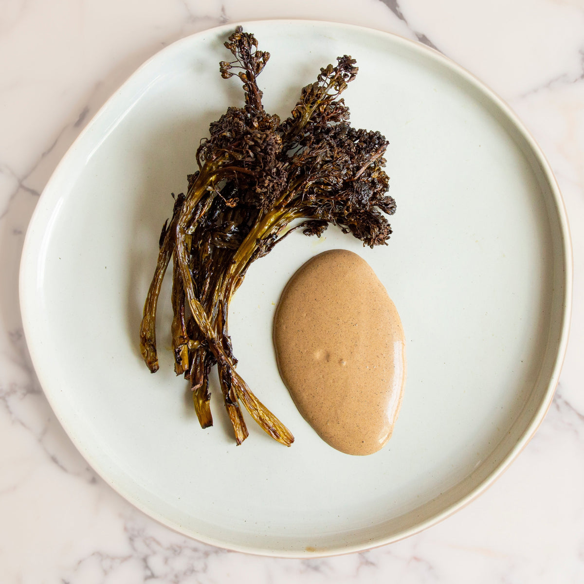 Roasted broccolini and sauce on white plate against marble background.