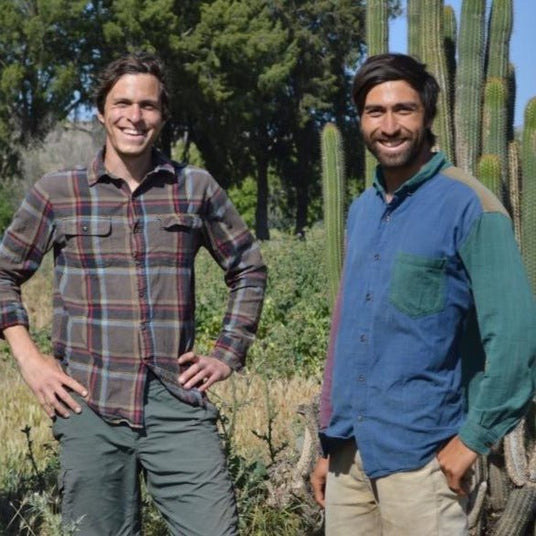 Two men standing outdoors in front of tall cacti and evergreen trees on a sunny day.