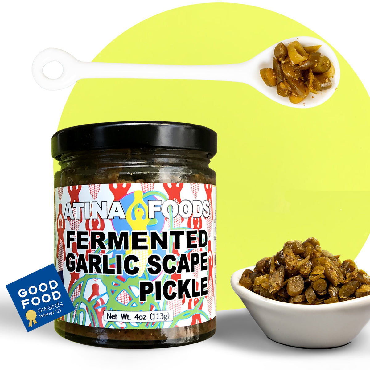 Latina Foods Fermented Garlic Scape Pickle jar displayed with serving suggestions in bowls and spoons, featuring Good Food Awards winner badge
