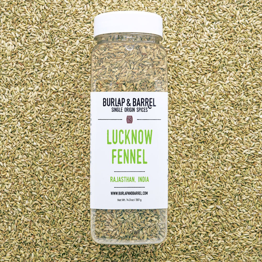 Burlap & Barrel Lucknow Fennel spice jar displayed on fennel seeds background