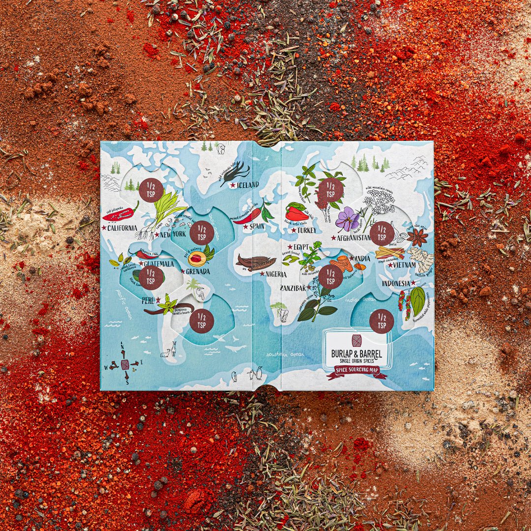 Spice passport with 1/2 tsp spices in each pod