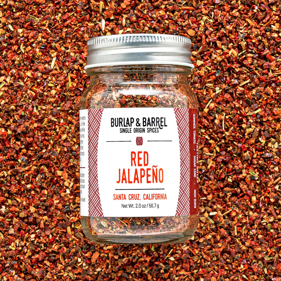 Red Jalapeño spice jar from Burlap & Barrel, single origin from Santa Cruz, California, 2.0 oz