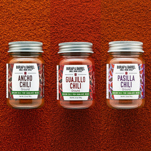 Three Single origin Mexican Chilis from Burlap & Barrel: Ancho, Guajillo & Pasilla