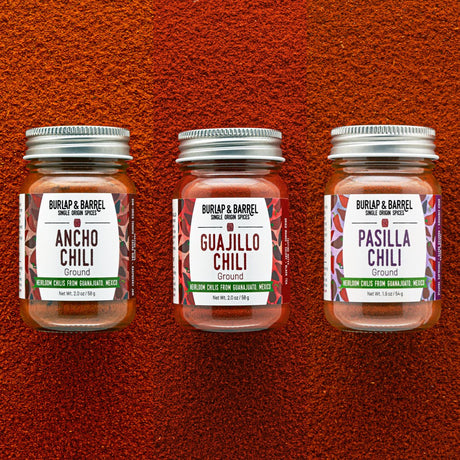 Three Single origin Mexican Chilis from Burlap & Barrel: Ancho, Guajillo & Pasilla