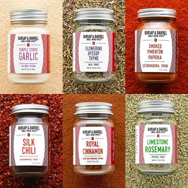Grid of Various jars on multi-colored, textured background