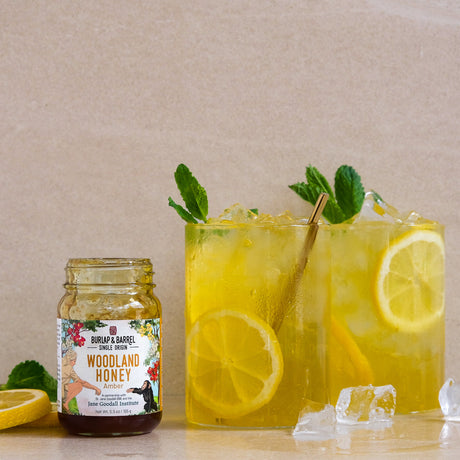 Two glasses of lemonade with mint leaves and a jar of Burlap & Barrel 'Woodland Honey' on a beige background