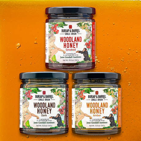 Three jars of Burlap & Barrel Wild Woodland Honey displayed against an orange background, each jar with a label featuring floral designs and the name of the honey variety.