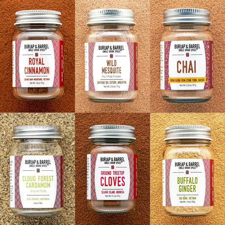 Collage of six jars of Burlap & Barrel single origin spices on a textured brown background.