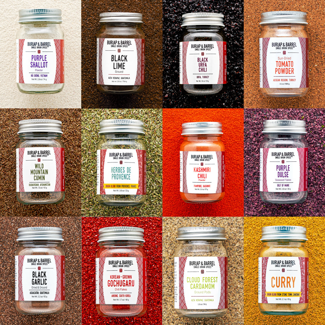 Grid of jars with labels on a textured brown background