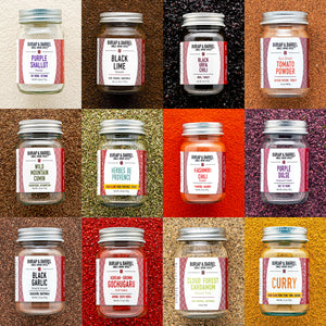 Grid of jars with labels on a textured brown background