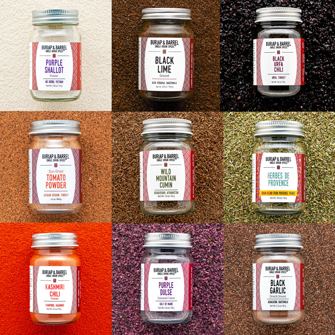 Collage of Burlap & Barrel spice jars with labels on a textured background