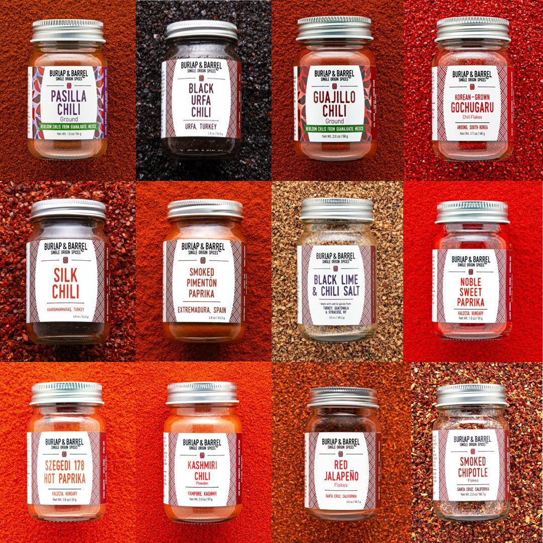 A 3x3 grid of spice jars from Burlap & Barrel, each set against a textured background of the corresponding spice blend. 