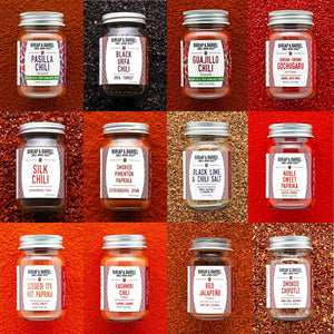A 3x3 grid of spice jars from Burlap & Barrel, each set against a textured background of the corresponding spice blend. 