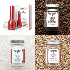 A red Finamill spice grinder with its packaging, displaying the product name and features, alongside three glass jars of spices.