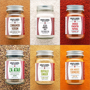Collage of Burlap & Barrel single origin spices in jars with visible labels on a textured background.