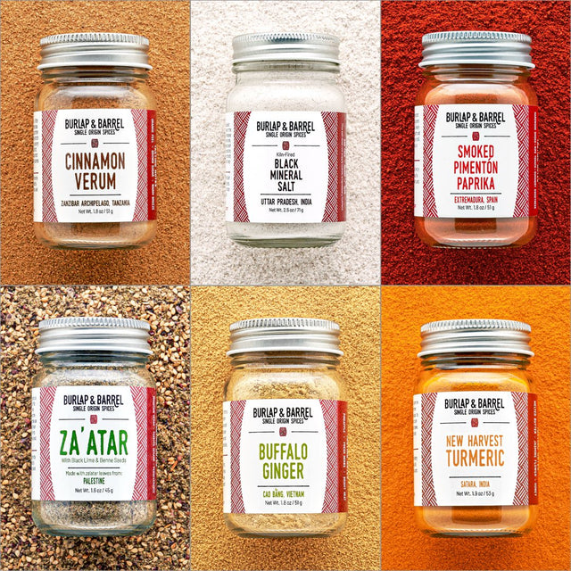 Collage of Burlap & Barrel single origin spices in jars with visible labels on a textured background.