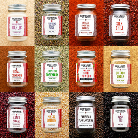 Grid of Burlap & Barrel spice jars on a textured background