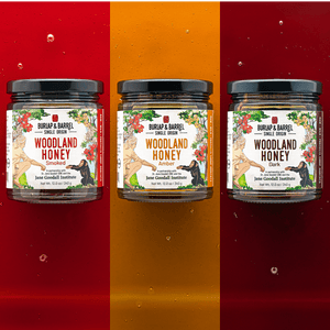 Three jars of Burlap & Barrel Woodland Honey on orange, yellow and red background. 
