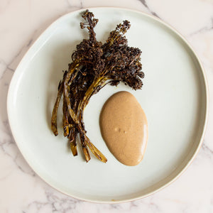 Roasted broccolini and sauce on white plate against marble background.