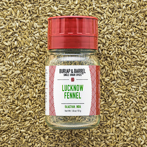 A clear glass jar with a red lid labeled 'Burlap & Barrel Lucknow Fennel' filled with small, ridged, green seeds, set against a background of loose seeds scattered on a surface.
