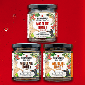 3 Pack of 12 oz Woodland Honey from Burlap & Barrel: Amber, Smoked & Dark.