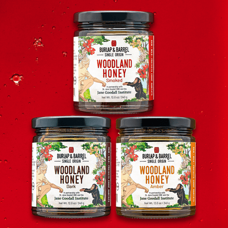 3 Pack of 12 oz Woodland Honey from Burlap & Barrel: Amber, Smoked & Dark.
