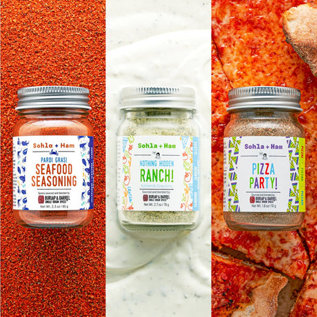 Three jars of Sohl & Ham seasoning on a pizza, bread, and ranch background